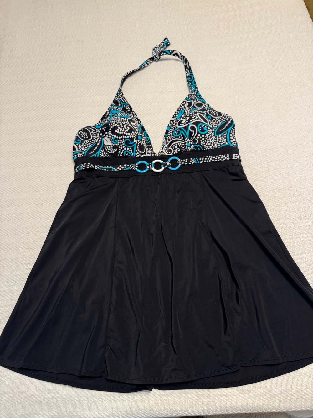 Black Swim Dress with Teal Paisley Accents